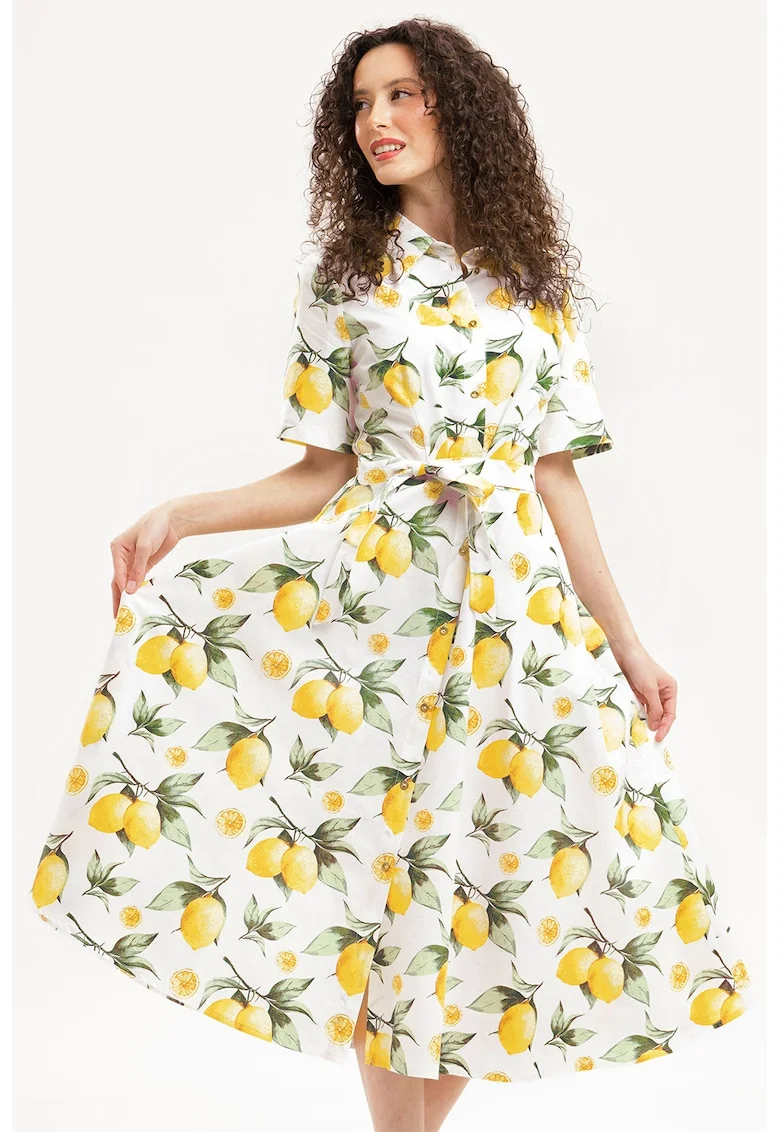 Rochie-camasa midi evazata cu buzunare laterale, Galben pal/Verde pal/Alb optic