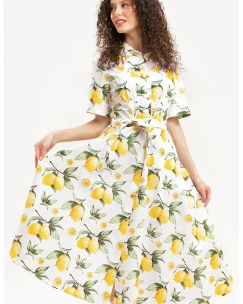 Rochie-camasa midi evazata cu buzunare laterale, Galben pal/Verde pal/Alb optic