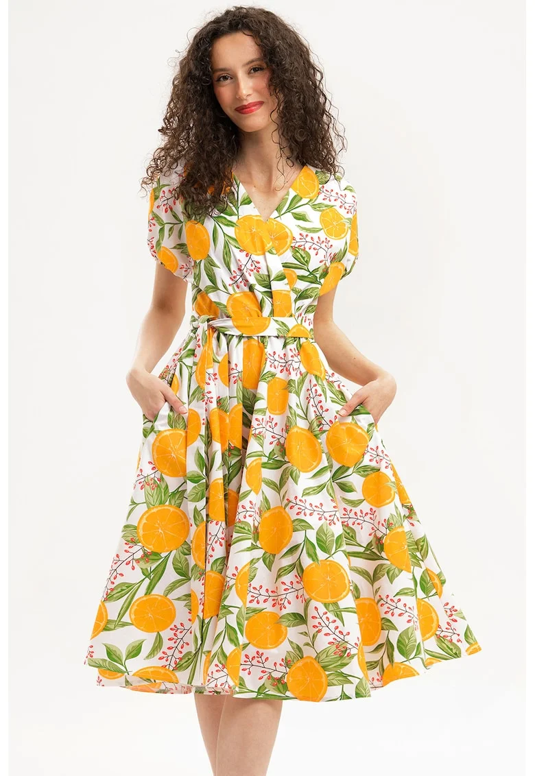 Rochie midi din bumbac cu croiala petrecuta, Portocaliu/Verde pal/Alb optic
