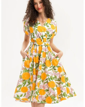 Rochie midi din bumbac cu croiala petrecuta, Portocaliu/Verde pal/Alb optic