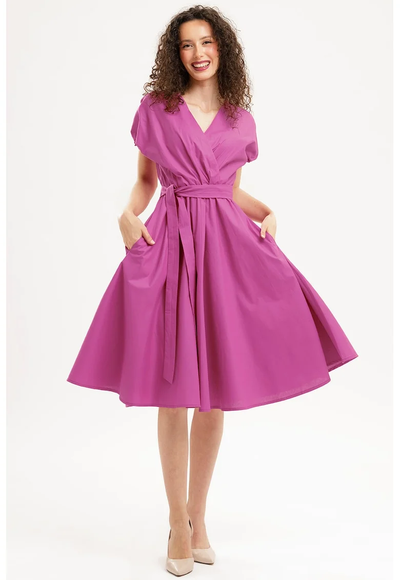 Rochie midi din bumbac cu croiala petrecuta, Fucsia