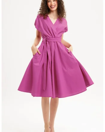 Rochie midi din bumbac cu croiala petrecuta, Fucsia