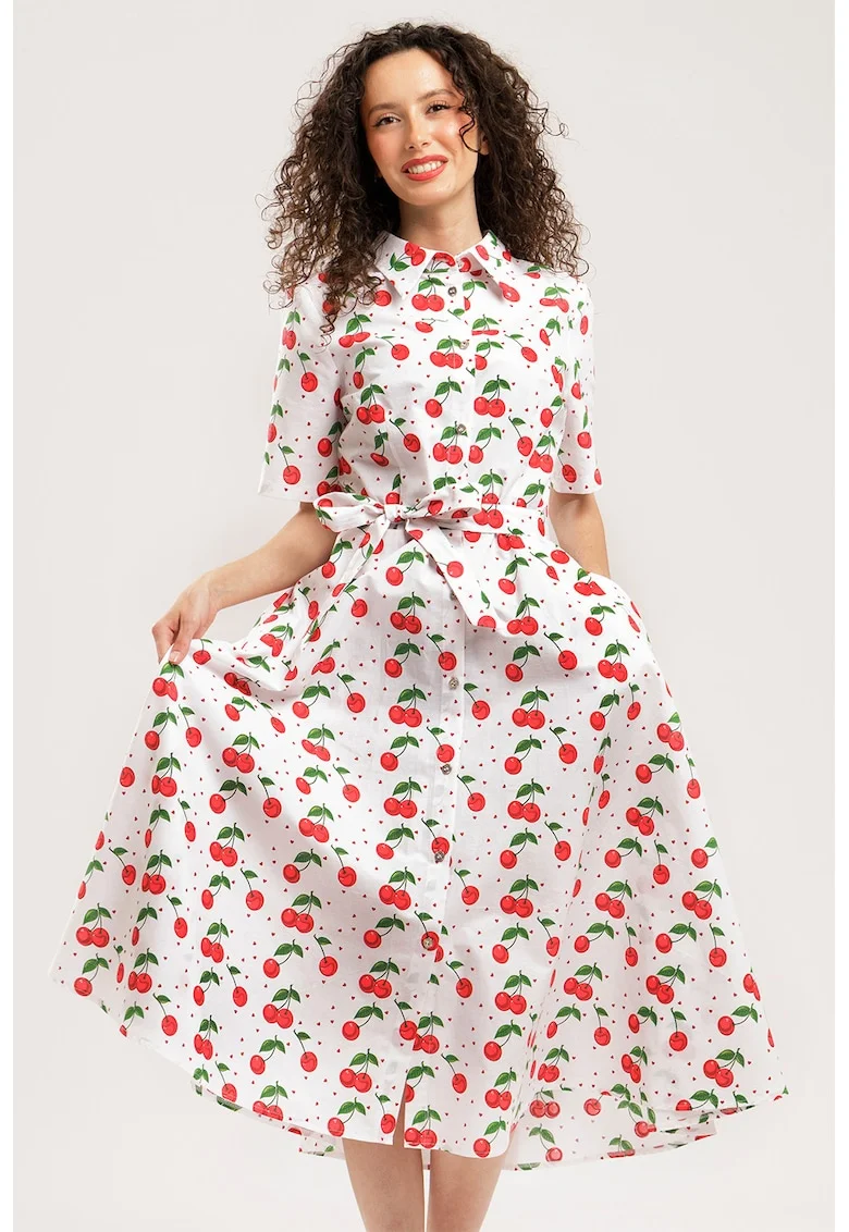 Rochie-camasa midi evazata cu buzunare laterale, Rosu/Verde/Alb optic
