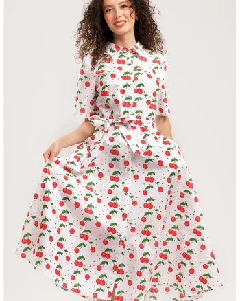 Rochie-camasa midi evazata cu buzunare laterale, Rosu/Verde/Alb optic