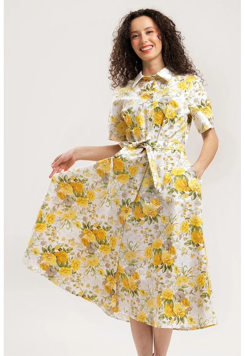 Rochie-camasa midi evazata cu buzunare laterale, Galben/Alb optic