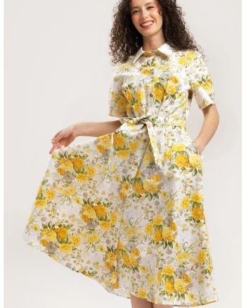 Rochie-camasa midi evazata cu buzunare laterale, Galben/Alb optic