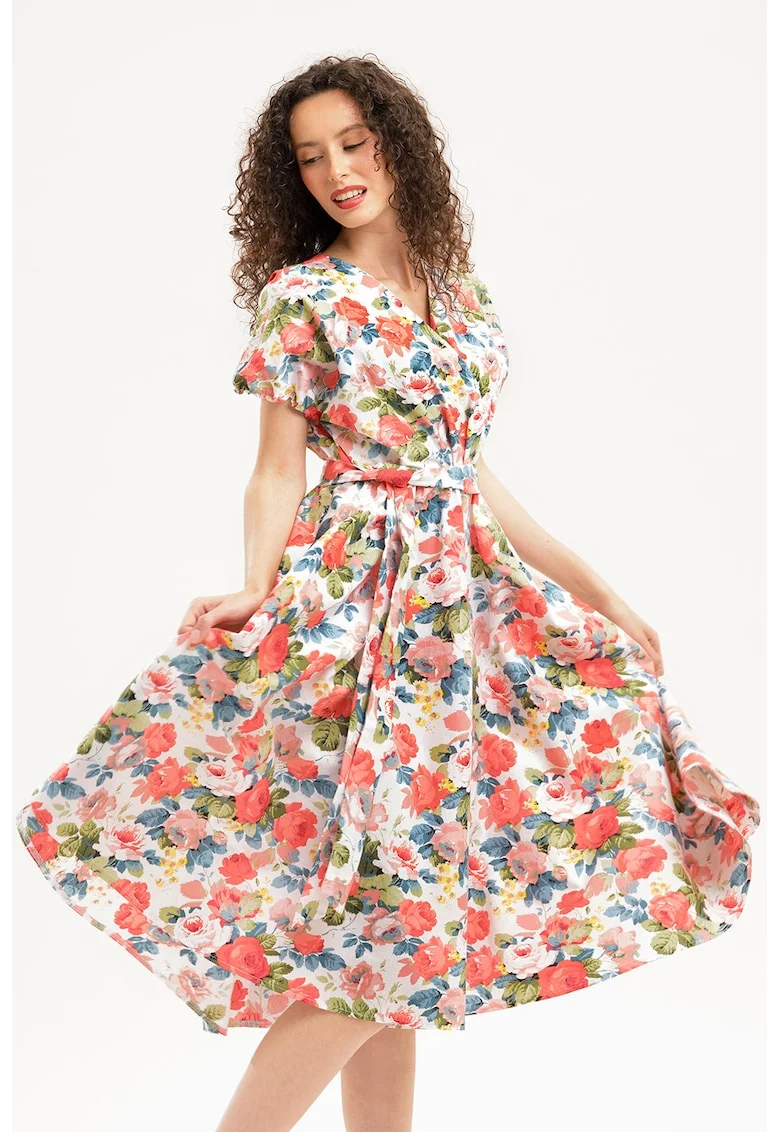 Rochie midi din bumbac cu croiala petrecuta, Roz somon/Verde pal/Alb optic