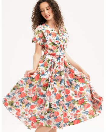 Rochie midi din bumbac cu croiala petrecuta, Roz somon/Verde pal/Alb optic