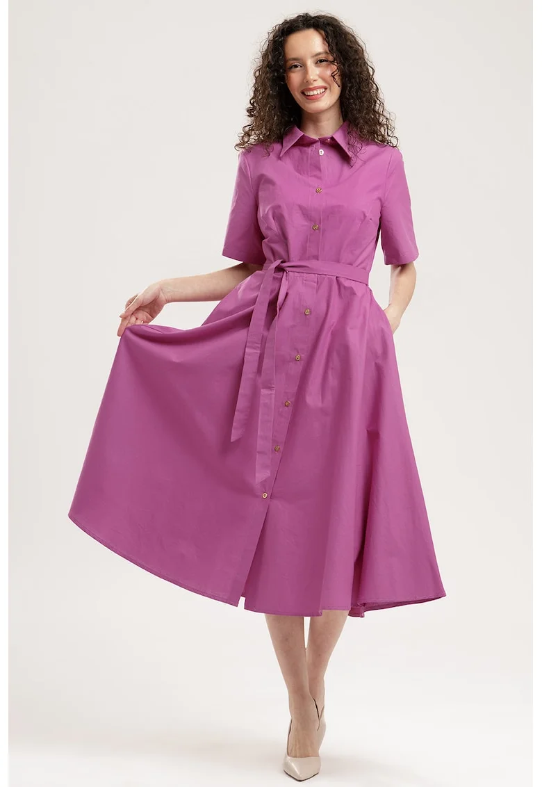 Rochie-camasa midi evazata cu buzunare laterale, Fucsia