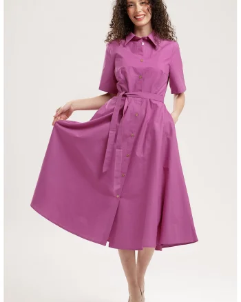 Rochie-camasa midi evazata cu buzunare laterale, Fucsia