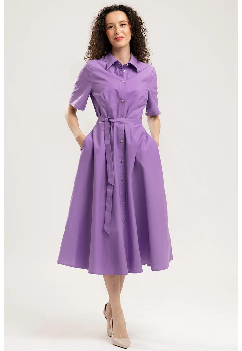 Rochie-camasa midi evazata cu buzunare laterale, Lila