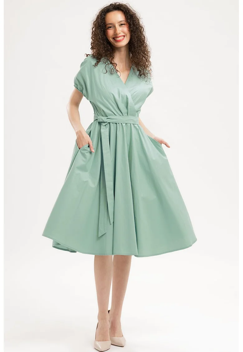 Rochie midi din bumbac cu croiala petrecuta, Verde pal
