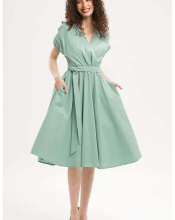 Rochie midi din bumbac cu croiala petrecuta, Verde pal