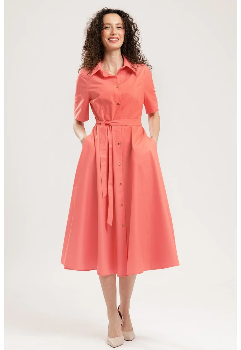 Rochie-camasa midi evazata cu buzunare laterale, Coral