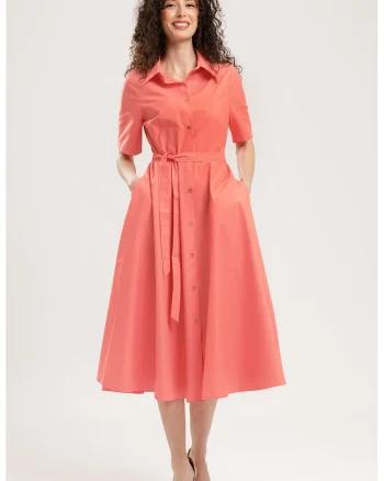 Rochie-camasa midi evazata cu buzunare laterale, Coral