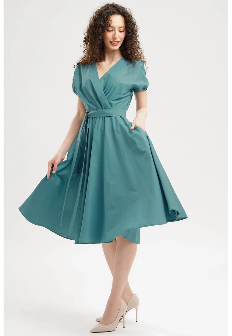 Rochie midi din bumbac cu croiala petrecuta, Verde feriga