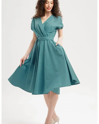 Rochie midi din bumbac cu croiala petrecuta, Verde feriga
