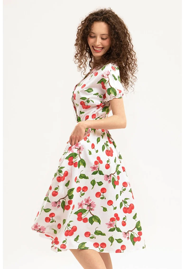 Rochie midi din bumbac cu croiala petrecuta, Rosu/Verde/Alb optic