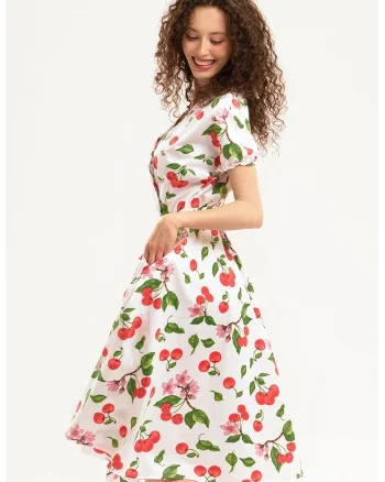 Rochie midi din bumbac cu croiala petrecuta, Rosu/Verde/Alb optic