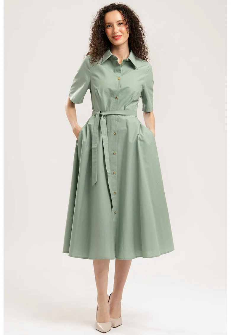 Rochie-camasa midi evazata cu buzunare laterale, Verde pal