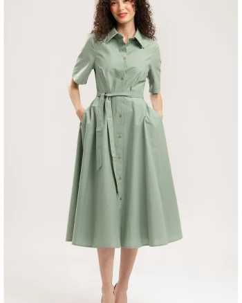 Rochie-camasa midi evazata cu buzunare laterale, Verde pal
