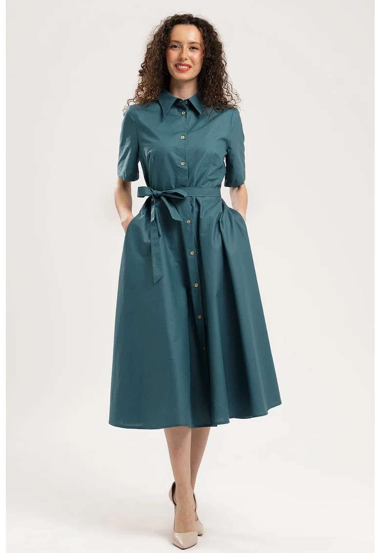 Rochie-camasa midi evazata cu buzunare laterale, Verde englez