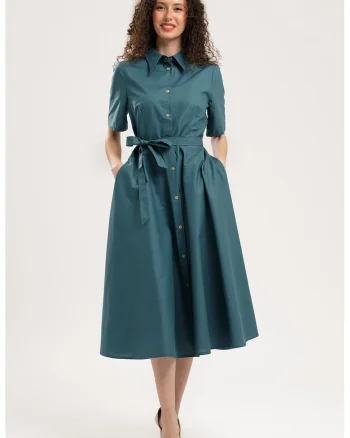 Rochie-camasa midi evazata cu buzunare laterale, Verde englez