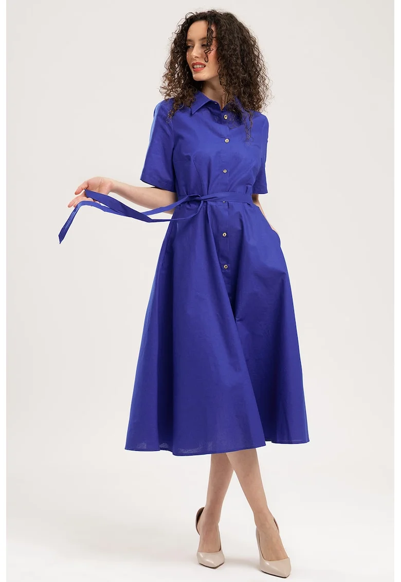 Rochie-camasa midi evazata cu buzunare laterale, Albastru royal