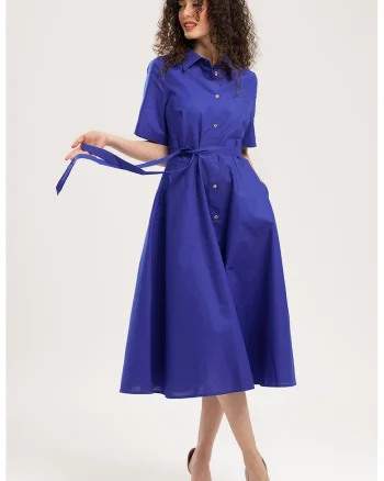 Rochie-camasa midi evazata cu buzunare laterale, Albastru royal