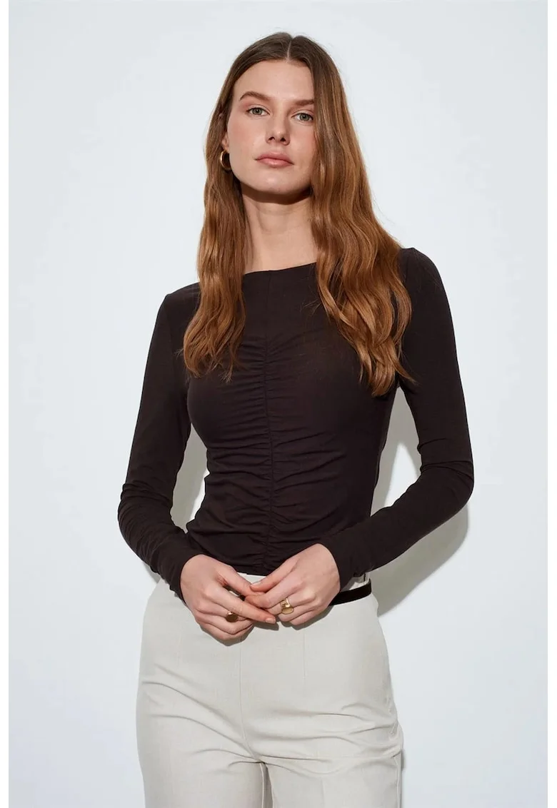 Bluze dama,  bluza cu maneca lunga, croiala slim fit, negru, drapaj