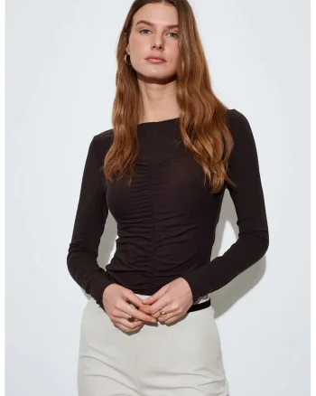Bluze dama,  bluza cu maneca lunga, croiala slim fit, negru, drapaj
