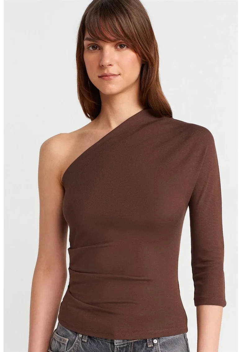 Bluze dama,  Bluza cu umeri goi, decupaje, maro castaniu, bumbac-modal-elastan