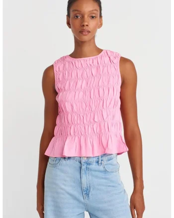 Bluza scurta dama  roz pudra, croiala regular, detalii elastice