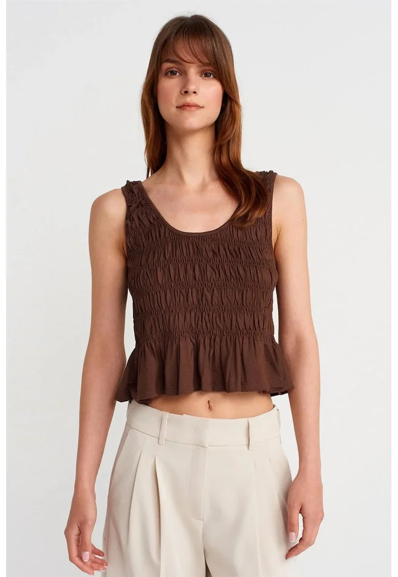 Bluza dama,  crop, volanase, maro castaniu, din bumbac-modal