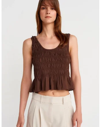 Bluza dama,  crop, volanase, maro castaniu, din bumbac-modal