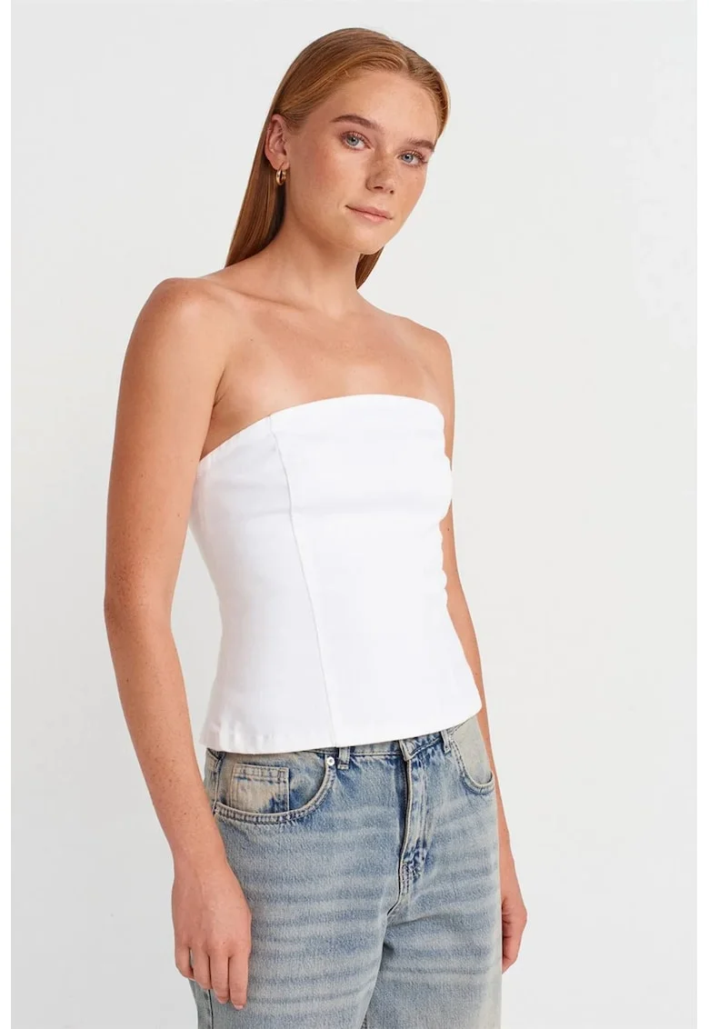 Bluza dama,  tip peplum, fara bretele, bumbac fewqu elastan, Alb