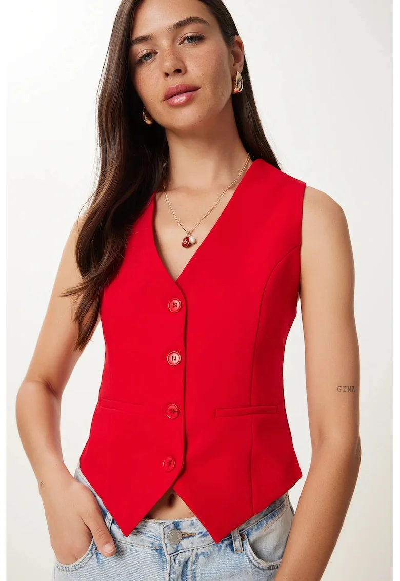 Vesta scurta, Happiness Istanbul, casual, cu nasturi, bumbdwqfwqac si poliester, Rosu