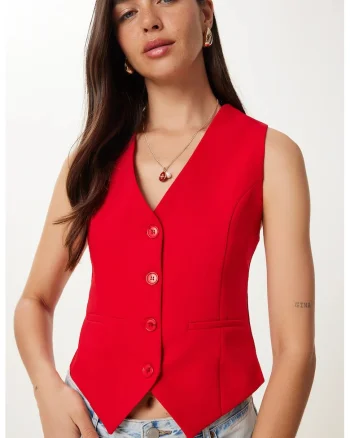 Vesta scurta, Happiness Istanbul, casual, cu nasturi, bumbdwqfwqac si poliester, Rosu