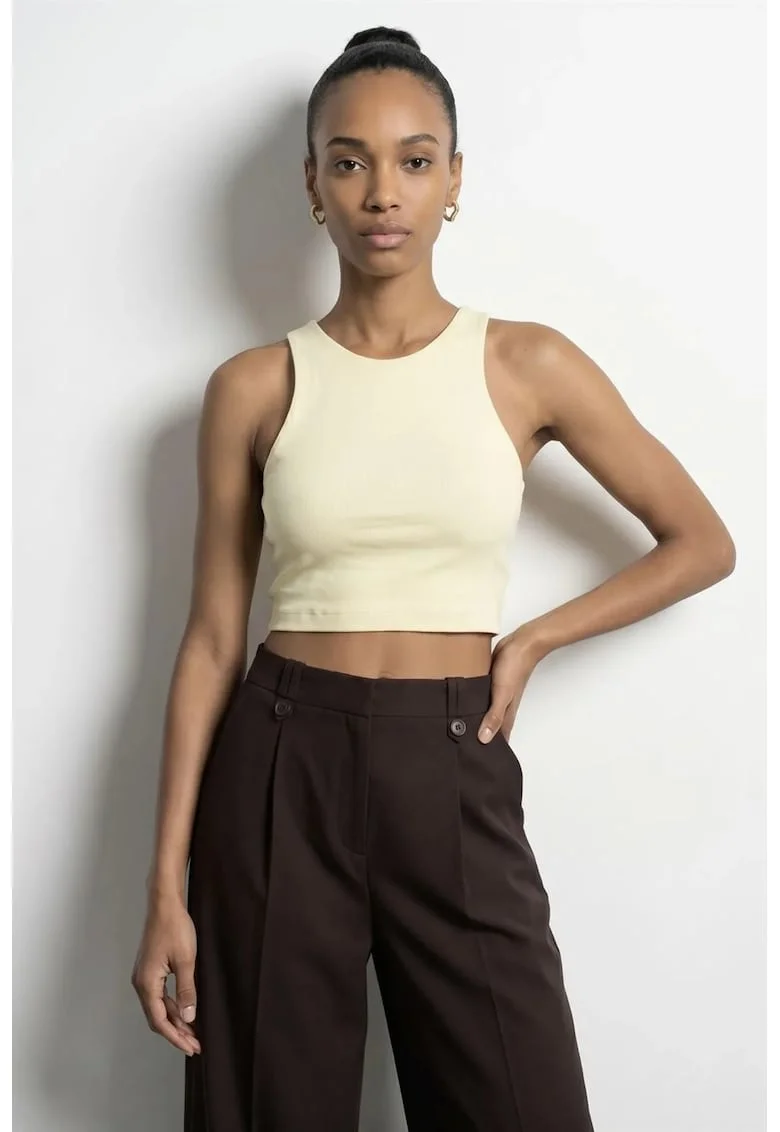 Bluza dama,  crop, fara maneci, crem, tricotatadqf, Crem