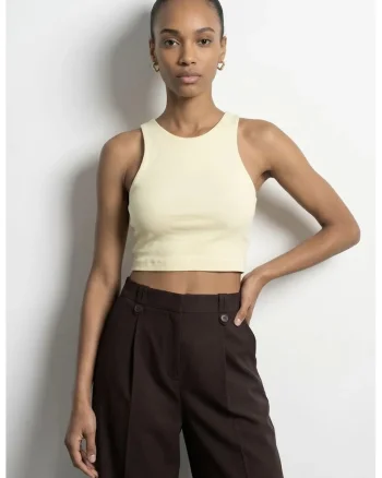 Bluza dama,  crop, fara maneci, crem, tricotatadqf, Crem