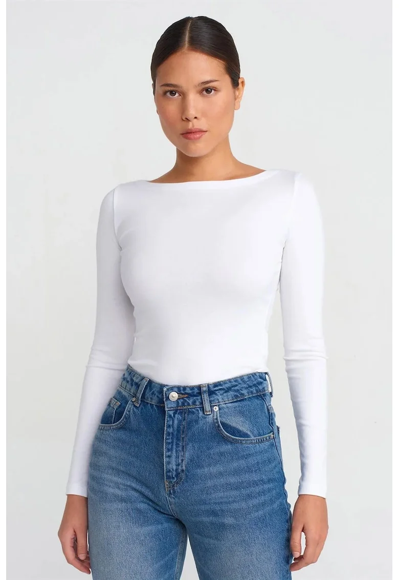 Bluza  pentru femei, slim-fit, maneca lunga, alb, amestec bumbac-modal-elastan