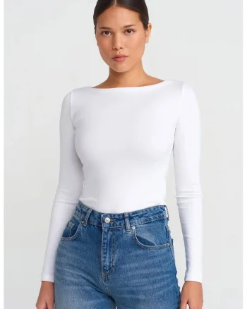 Bluza  pentru femei, slim-fit, maneca lunga, alb, amestec bumbac-modal-elastan
