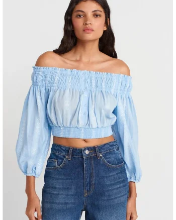 Bluza dama,  scurta, cu umerii goi, albastru deschis, bumbac si viscoza