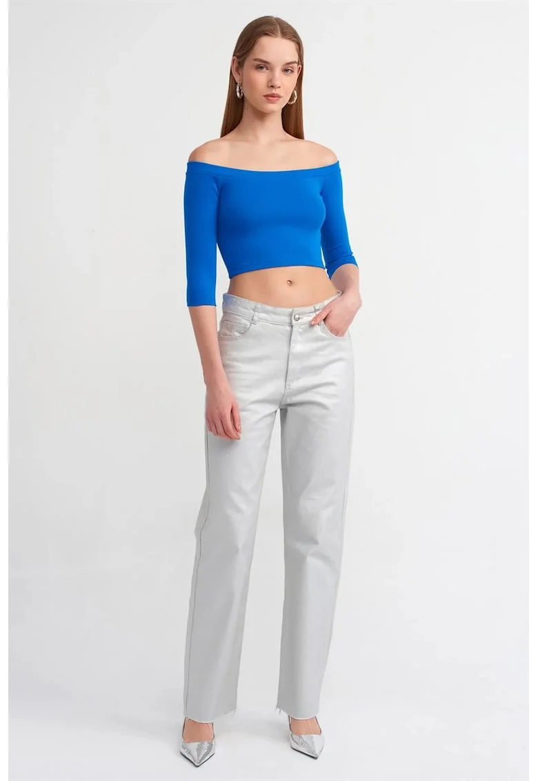 Bluza dama  crop, albastru cobalt, bumbac cu elastan, decolteu off-shoulder, maneci trei sferturi