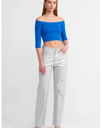 Bluza dama  crop, albastru cobalt, bumbac cu elastan, decolteu off-shoulder, maneci trei sferturi
