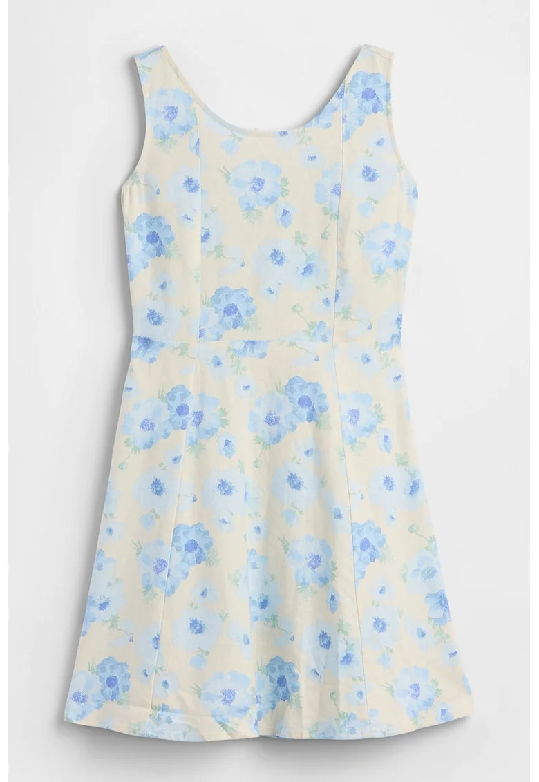 Rochie evazata din amestec de in cu model floral, Albastru pastel/Alb fildes/Galben