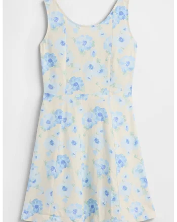 Rochie evazata din amestec de in cu model floral, Albastru pastel/Alb fildes/Galben