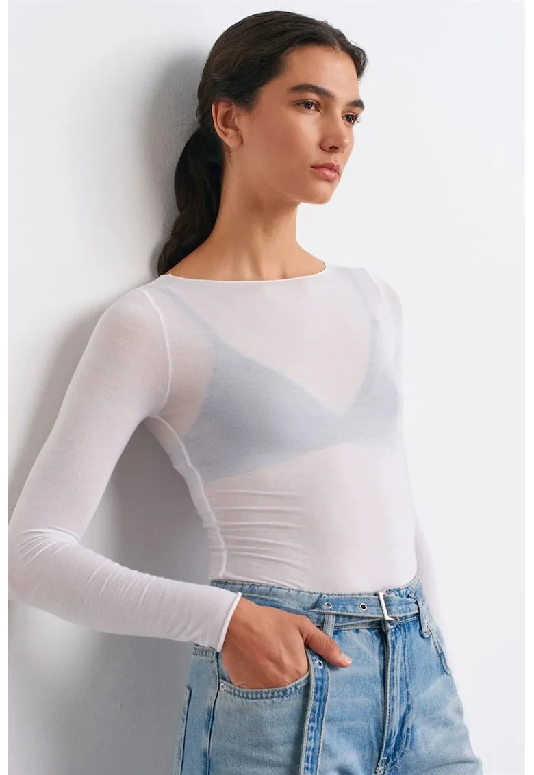 Bluze dama,  bluza tricotata, maneca lunga, alb, elastic