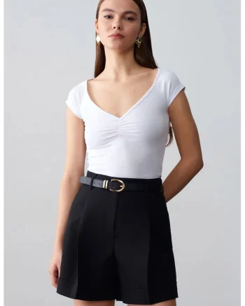 Tricou dama,  slim fit, alb, bumbac elastan