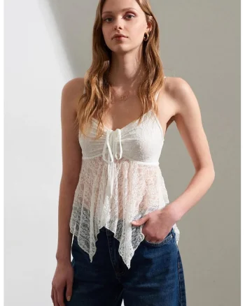 Bluza dama,  fara maneci, detalii cu snur, dantela, Alb, Poliamida